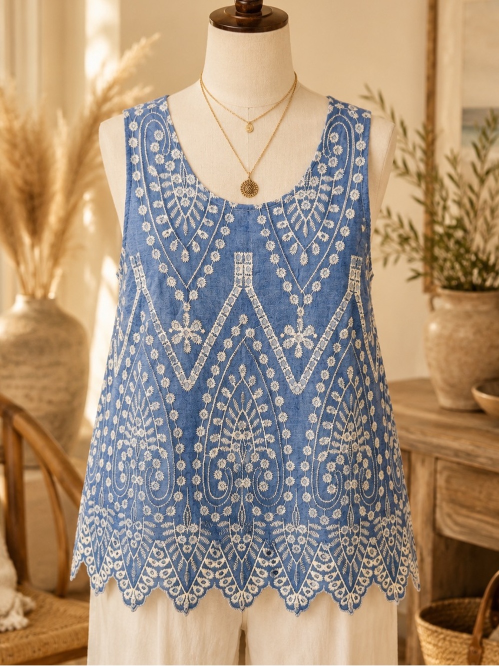 Fever Embroidered Eyelet Tank Top Blue White Cotton Blend Medium